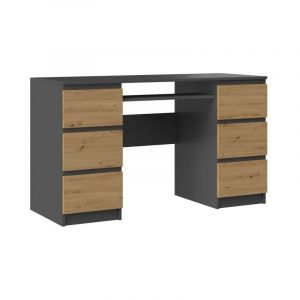 BARI - Bureau informatique - Bureau d'ordinateur - 6 Tiroirs + Support clavier coulissant - Mobilier de bureau - Gris&Chêne
