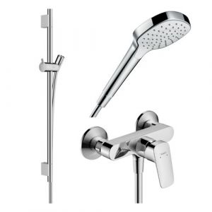 Hansgrohe Pack mitigeur douche mécanique Logis + Barre Unica S Puro + flexible + Pommeau Croma Select E blanc/chromé