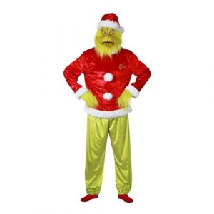 Chaks - Costume Le Grinch, ensemble de 5 pièces pour adultes, pour le carnaval, tenue de Noël avec masque, bonnet, haut, pantalon, gants