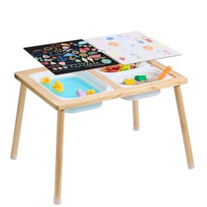 Image de VEVOR Table d'Activités pour Enfants, Table d'Exploration Sensorielle en Bois, Table d’Eau et de Sable avec 3 Bacs de Rangement et Tableau Double Face, Intérieure/Extérieure, pour Dessiner et Étudier