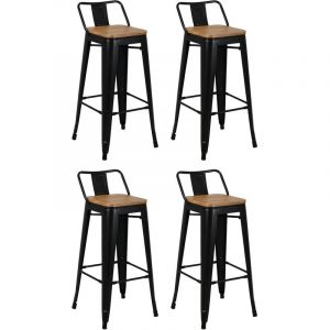 Aubry Gaspard Tabouret de bar en métal laqué noir et bois d'orme huilé (Lot de 4)