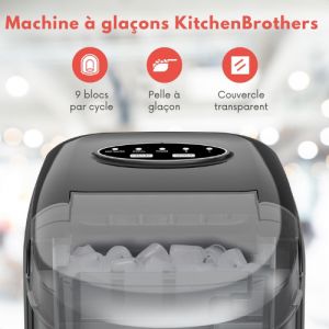 Machine &agrave; gla&ccedil;ons avec pelle &agrave; glace- KitchenBrothers - Fonction autonettoyante - - 1.6L - 8 min. - 12kg/24h - Noir