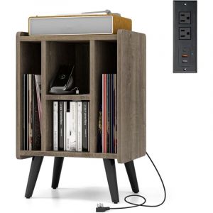 GOPLUS Petit Meuble de Rangement pour Disque Vinyle avec Station de Charge-4 Compartiments-Pieds Surélevés 43x34,5x67,5CM Gris