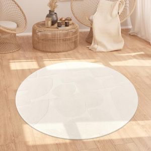 Tapis Salon Chambre Adulte Poil Long Shaggy Scandinave Boho Abstrait Uni Cr&egrave;me 160 cm rond - Paco Home