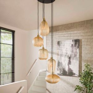 M&S Suspension 5 lampes 40x40x180 cm en verre ambr&eacute; et m&eacute;tal