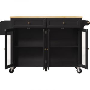 &Icirc;lot central de cuisine mobile - Plateau extensible - 140x72.5x90cm - 2 tiroirs et 4 portes vitr&eacute;es - &eacute;tag&egrave;res ouvertes - avec porte-serviettes - MDF