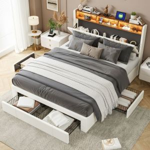 Fortuna Lai - Lit capitonné 140x200cm avec 4 tiroirs, avec tête de lit led rangement et recharge usb, sommier à lattes, velours, beige