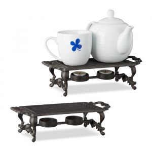 Relaxdays Réchauffe plat, en lot de 2, chauffe-plat réchaud fonte bougie théière café antiquités HxlxP: 8,5 x 30 x 13,5 cm, marron
