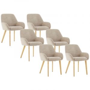 Lot de 6 chaises avec accoudoirs en tissu bouclette et bois d'hévéa - Taupe et naturel clair - VALENYO