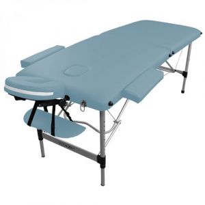 Table de massage pliante 2 zones en aluminium + Accessoires et housse de transport - Bleu pastel - Vivezen