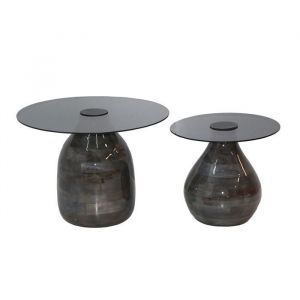 SALIM - Lot de 2 Tables Basse en Verre Fum&eacute; Noir Pi&egrave;tement en Manguier Vernis Gloss