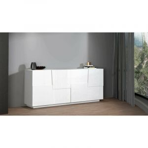 Dmora - Buffet Yago, Buffet de salon, Buffet de salon moderne avec 4 portes, 200x44h86 cm, Blanc brillant, avec emballage renforcé