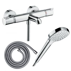 Hansgrohe Pack mitigeur bain thermostatique Ecostat Comfort + Flexible Metaflex 1,6m + Pommeau Croma Select E EcoSmart chromé