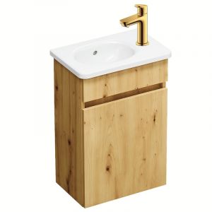 Pack meuble suspendu lave-mains Joline ch&ecirc;ne + Robinet lave-mains eau froide Duravit Wave Dor&eacute; poli