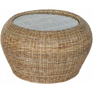 Table basse en bois de rotin naturel et verre - diametre 82 x hauteur 48 cm -PEGANE-