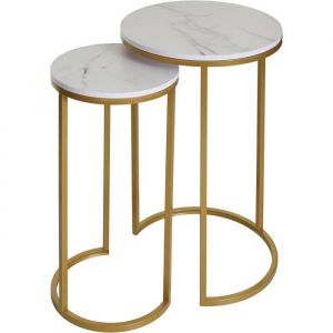 Décoshop26 Ensemble de 2 tables d'appoint aspect support plante bouts de canapes marbre MDF blanc et dore