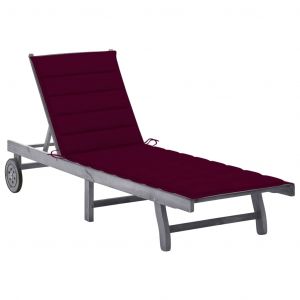 VidaXL Chaise longue de jardin avec coussin Gris Bois d'acacia solide Rouge bordeaux