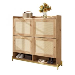 Meuble à Chaussures - Meuble d'entrée/Salon Rangement pour Chaussures - 4 Portes 2 Etagères - Commode à Chaussures Bois et Rotin