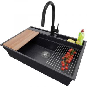 Primagran - Evier Cuisine en Granit 78x53cm, Lavabo 1 bac + Kit de Vidage + Accessoire, Évier à Encastrer au meuble 80cm - Oslo Pocket, Graphite