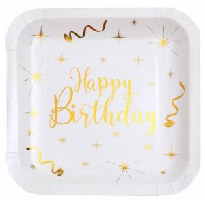Ruedelafete Sachet 10 Assiettes carr&eacute;es HAPPY BIRTHDAY, Blanc/Or
