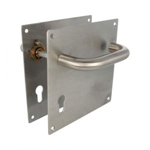 Amig - Jeu de poignées avec plaque pour porte | Poignée avec serrure à clé à 72 mm | Mod. 3CB72 | Acier inoxydable 18/8 | 180 x 180 mm | Carré de 8 mm | Argenté mat