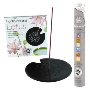 Les encens du monde Porte-encens en pierre noire Lotus + 14 b&acirc;tonnets d'encens ayurv&eacute;dique