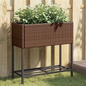 VidaXL Jardini&egrave;re avec &eacute;tag&egrave;re marron r&eacute;sine tress&eacute;e, jardini&egrave;re d'ext&eacute;rieur, bac &agrave; fleurs, bac &agrave; tomates, jardini&egrave;re de terrasse