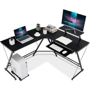 Bureau en forme de L 126x130x94 cm doté espace de rangement étagère et plateau coulissant pour le clavier