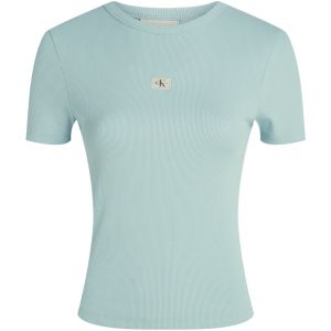 Calvin Klein T-Shirt Manches Courtes Femme Woven Label Rib Tee Slim Fit, Turquoise (Cloud Blue), S