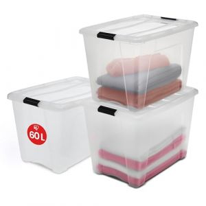 Iris Ohyama Boite Rangement Plastique avec Couvercle, 60L, Lot de 3, Transparent, Clips de Fermeture, Poignée, Empilable, pour Chambre, Dressing,