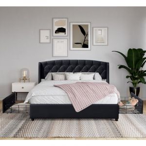 Iris Solide et Confortable Lit 140x190 avec Sommier avec 4 tiroirs+Tete de lit Couleur NOIR r