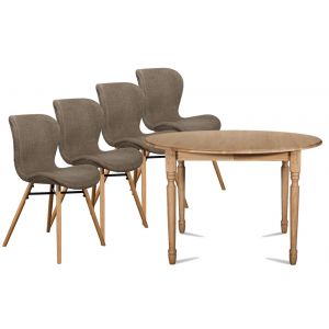 Hellin Table ronde extensible pieds tournés D105 + 4 chaises tissu - VICTORIA - Marron