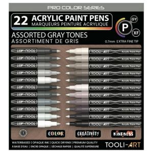 TOOLI-ART Lot de 22 Stylos Peinture Acrylique Pro Color Series - Pointe Extra Fine 0,7 mm - Gris