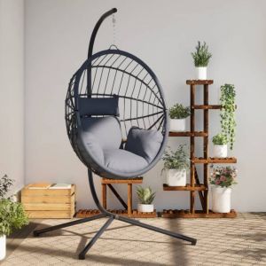 VidaXL Chaise suspendue en forme d œuf et support gris rotin et acier
