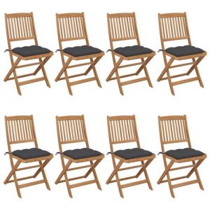 VidaXL Lot de 8 chaises de jardin pliantes en bois d'acacia massif et coussins gris anthracite