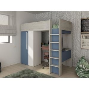 Lit mezzanine 90 x 200 cm avec armoire et bureau - Bleu et blanc + matelas - NICOLAS