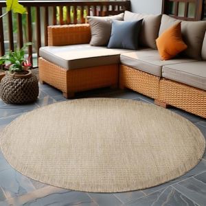 Tapis d'extérieur 200 cm Rond Beige Tapis balcon cuisine et terrasse unicolore en tissage plat résistant aux intempéries
