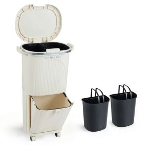 Poubelle de Cuisine 38L COSTWAY &agrave; P&eacute;dale et Roulettes - 2 Compartiment Tri Selectif Amovible Beige