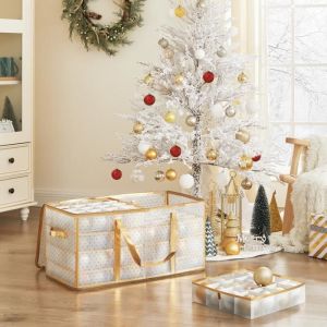 Songmics Boîtes de Rangement pour Noël, Coffre pour Boules de Noël et Décorations, 128 Compartiments, Séparateurs Modulables, 67 x 34 x 34 cm, Semi-Transparent et Doré RFB029A01