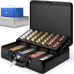 ACROPAQ Caisse monnaie Professionnelle 30x25x9cm- Coffret Monnaie Acier- Monnayeur, 2 clés, Compartiments à monnaie- Poignée Robuste