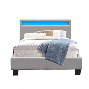 Angel - Solide et Confortable Lit 90x190 avec Sommier + Tête de Lit avec Eclairage led Couleur gris + Pieds en 10 cm pour matelas en - 13 Lattes