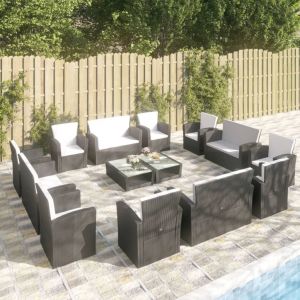 VidaXL Salon de jardin 16 pcs avec coussins Résine tressée Noir