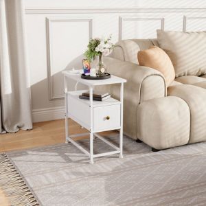 Table d'Appoint, Bout de Canape avec CA et Ports USB &agrave; l'Int&eacute;rieur, LED, Table d'Appoint Canap&eacute; avec Tiroir de Rangement en Tissu, pour Salon,