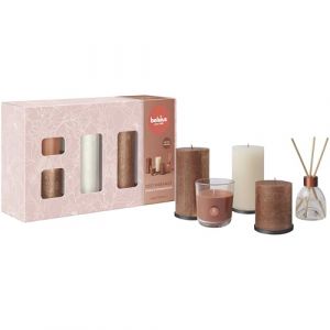 Bolsius Lot de 5 bougies piliers rustiques avec diffuseur de parfum et bougie parfumée - Cosy Hideaway - Pomme et cannelle - Longue durée de combustion - Avec cire - Cadeau noel