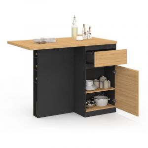 Idmarket Ilot central tino 120 cm avec range-bouteilles 4 personnes bois noir avec plan de travail façon hêtre