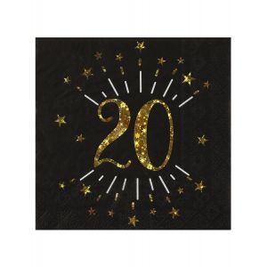 Image de 10 Serviettes papier Joyeux anniversaire 20 noir et or 18 33 x 33 cm