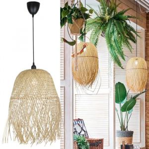 Alpinaluz Lampe suspendue en osier naturel &Oslash;39 cm - Design artisanal avec franges et bambou, c&acirc;ble r&eacute;glable et fleur noire, id&eacute;ale pour salon, salle &agrave; manger