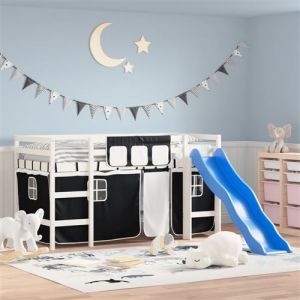 VidaXL Lit mezzanine enfants et rideaux blanc/noir 90x190cm pin massif