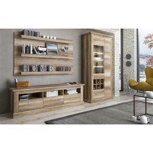 Pegane Set de salon, meuble TV + 3 etageres murales + vitrine coloris chene vieilli -