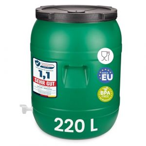 Garronda 220L F&ucirc;t Plastique Alimentaire avec Robinet &ndash; R&eacute;cup&eacute;rateur d'eau sans BPA pour Eau, Fermentation, Croquettes, Choucroute GD-0142